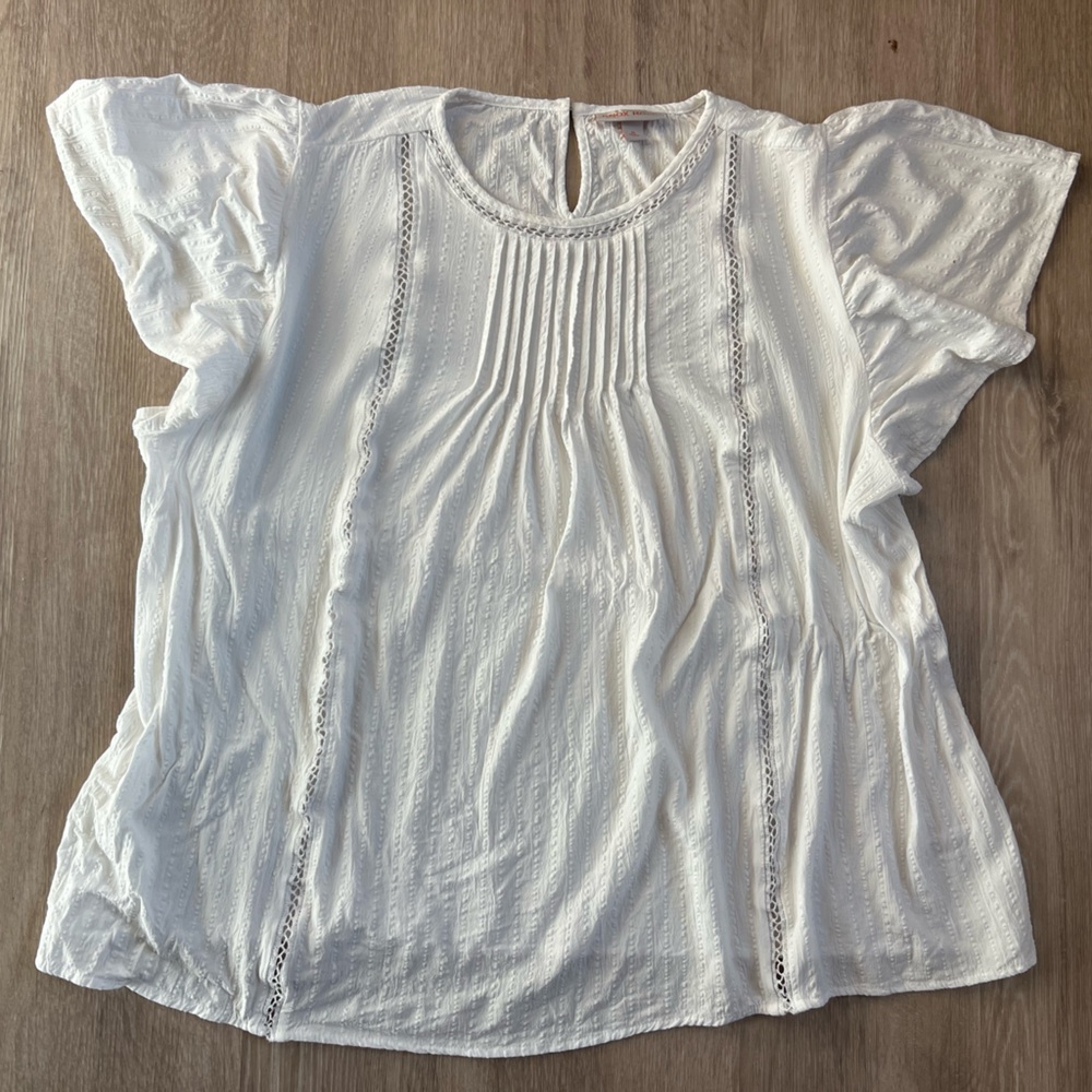 White Short Sleeve Crochet-Trim Pintuck Flutter Sleeve EdwardianBlouse XL